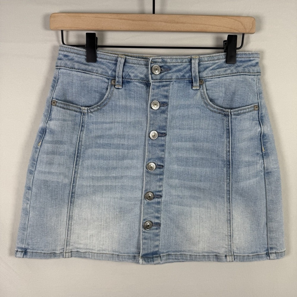 American Eagle Button Up Stretch Mini Skirt Hi Rise A Line Denim‎ Women's Size 4